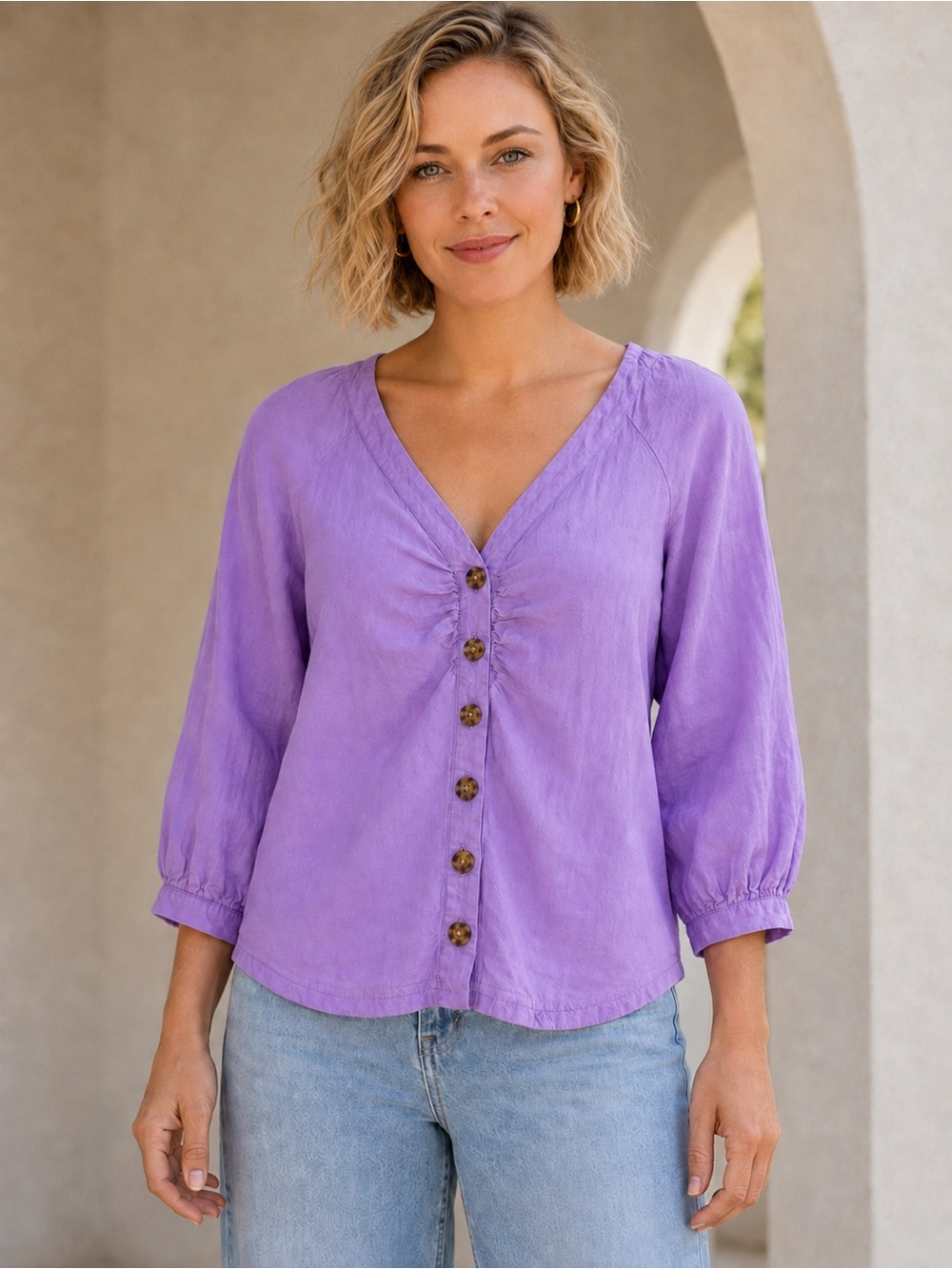 Maeve Anthropologie Women’s 4 Lavender Linen Blend Ruched Button Front Blouse